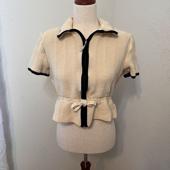 St John Womens Knit Cardigan Jacket Cropped Beige Size 12 Tie Waist Short Sleeve